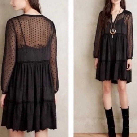 Anthropologie Vanessa Virginia Black Costa Maya Swiss Dot Long Sleeve Dress 2 - Picture 3 of 13